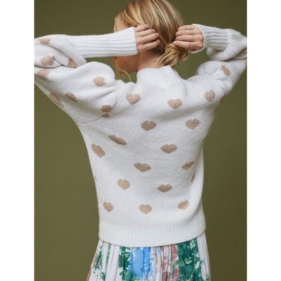 Anthropologie Hearts Sweater Women L Neutral Gold Puff Sleeve High Neck Pullover - Picture 8 of 16